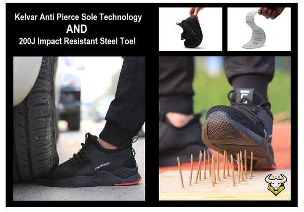 Model wearing KTG Safety Steel Toe Sports Safety Shoes Model SS47 - Knitted Mesh Black Red Sole - Kevlar Pierce and Compression Safety Test Result