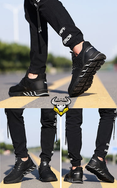 Model showing off KTG Safety Steel Toe Sports Safety Shoes Model SS55 - Knitted Mesh Black on his feet in Malaysia. All angle view.