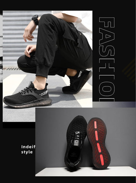 Model showing off KTG Safety Steel Toe Sports Safety Shoes Model SS56 - Knitted Mesh Black on his feet