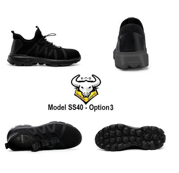 All Angle Details Display of KTG Safety Steel Toe Sports Safety Shoes Model SS40 - Knitted Mesh Black - Black Sole - Kelvar anti smash
