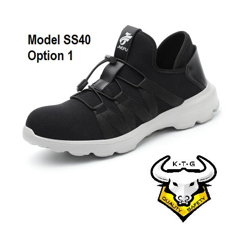 KTG Safety Steel Toe Sports Safety Shoes Model SS40 - Knitted Mesh Black - White Sole - Kelvar anti smash
