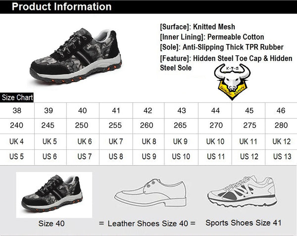 Size chart for model SS01 - Camo Green KTG (KaiTheGent) Steel Toe Safety Shoes. UK, US, EU and Singapore Size available.