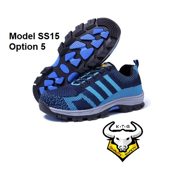 Detailed image for KTG (KaiTheGent) steel toe sports safety work shoes model SS15 - option 5. Blue non reflective stripes with soles. K.T.G