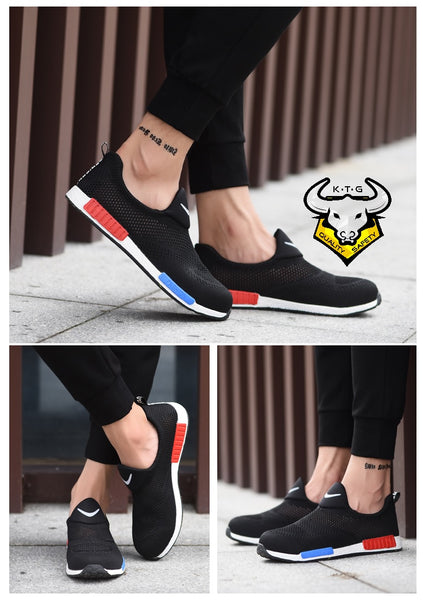 Model wearing KTG Safety Steel Toe Slip On Sports Safety Shoes Model SS38 - Black