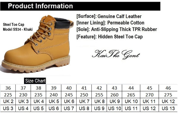 Kaithegent Model SS34 Steel Toe Safety Boots Khaki Color Shoe Size Conversion Chart Asia Sizings