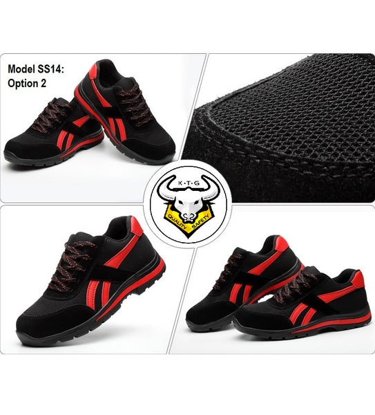 K.T.G (KaiTheGent) steel toe safety work shoes model SS14 - Option 2 Knitted Mesh Black Red from all angles. 