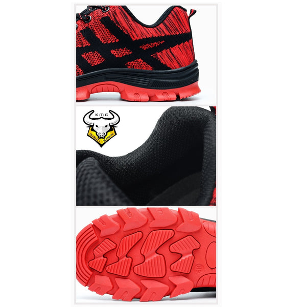 K.T.G Safety Shoes Model SS20 Stylish Red detailed features. Knitted mesh and anti slip sole.