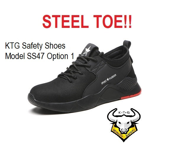 KTG Safety Steel Toe Sports Safety Shoes Model SS47 Option 1 - Knitted Mesh Black - Red Sole - Kevlar anti smash