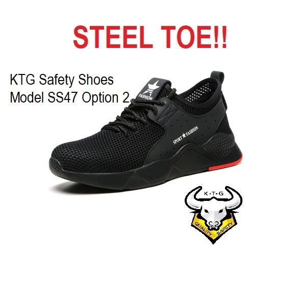 KTG Safety Steel Toe Sports Safety Shoes Model SS47 Option 2 - Breathable Mesh Black - Red Sole - Kevlar anti smash