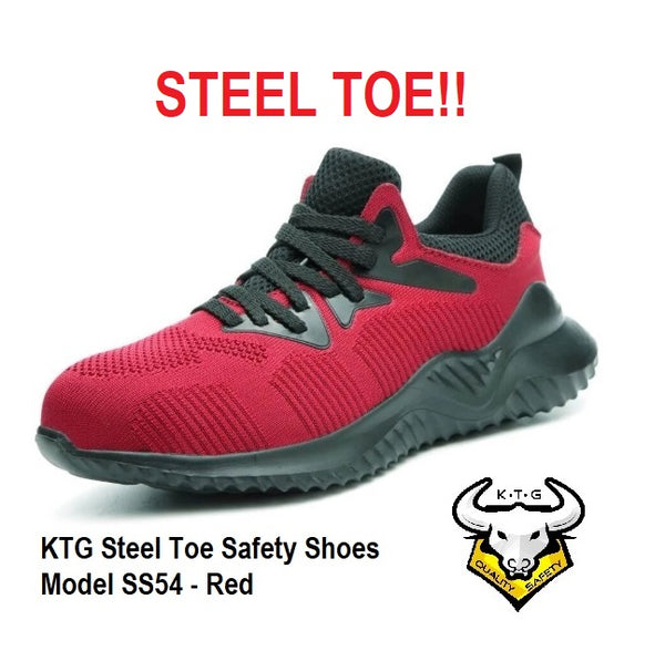 KTG Safety Steel Toe Sports Safety Shoes Model SS54 - Knitted Mesh Red - Rubber anti slip Sole - Kevlar anti smash