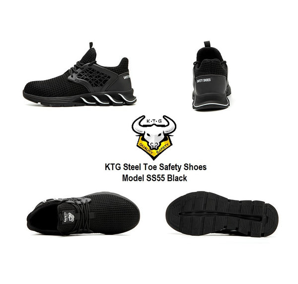 Model showing off KTG Safety Steel Toe Sports Safety Shoes Model SS55 - Knitted Mesh Black all angle view