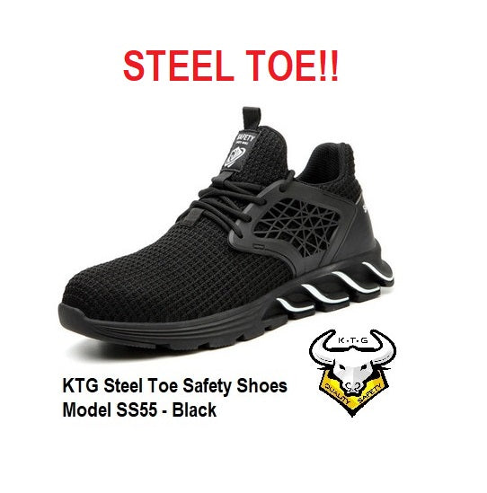 KTG Safety Steel Toe Sports Safety Shoes Model SS55 - Knitted Mesh Black - Rubber anti slip Sole - Kevlar anti smash