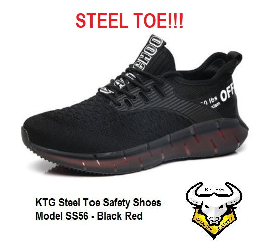 KTG Safety Steel Toe Sports Safety Shoes Model SS56 - Knitted Mesh Black Red - Rubber anti slip Sole - Kevlar anti smash - Singapore East