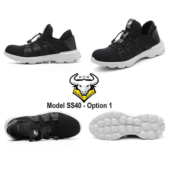 All Angle Details Display of KTG Safety Steel Toe Sports Safety Shoes Model SS40 - Knitted Mesh Black - White Sole - Kelvar anti smash