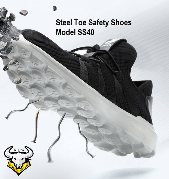 KTG Safety Steel Toe Sports Safety Shoes Model SS40 - Knitted Mesh Black - Kelvar anti smash - Anti Slip Sole Design Display