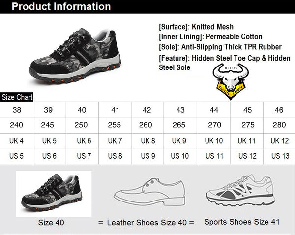 Size chart for model SS01 - Camo White K.T.G (KaiTheGent) Steel Toe Safety Shoes. UK, US, EU and Singapore Size available.