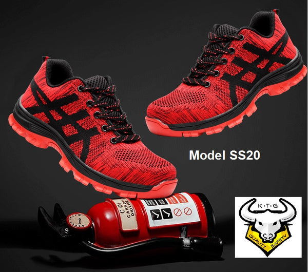 KTG (KaiTheGent) Steel toe safety shoes SS20 display with fire extinguisher.
