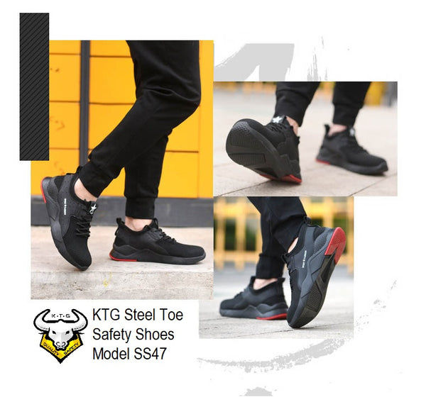 Model wearing KTG Safety Steel Toe Sports Safety Shoes Model SS47 - Knitted Mesh Black Red Sole - Kevlar anti smash display from all angles