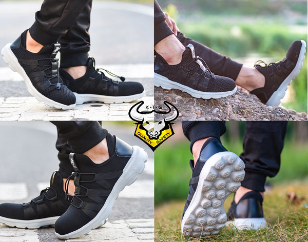 Model wearing KTG Safety Steel Toe Sports Safety Shoes Model SS40 - Knitted Mesh Black - Kelvar anti smash display from all angles