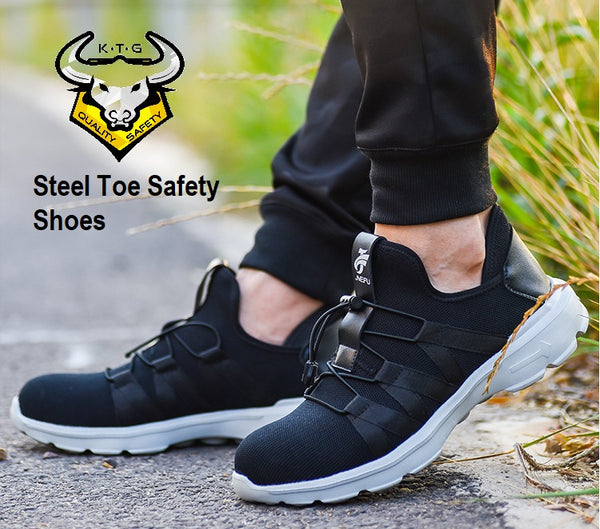 Model wearing KTG Safety Steel Toe Sports Safety Shoes Model SS40 - Knitted Mesh Black - Kelvar anti smash