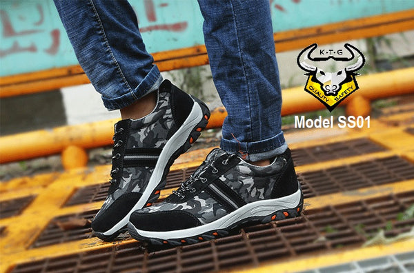 Model wearing KTG SS01 - camo white safety shoes 