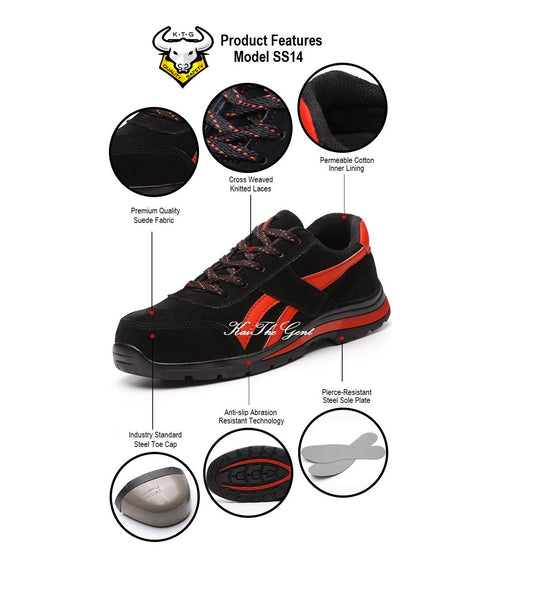 Product breakdown for KTG (KaiTheGent) Steel Toe Sports Safety Shoes Model SS14 - Option 2 Knitted Mesh Black Red.