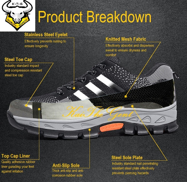 Product breakdown for KTG (KaiTheGent) Steel Toe Sports Safety Shoes Model SS15 - Option 2. K.T.G