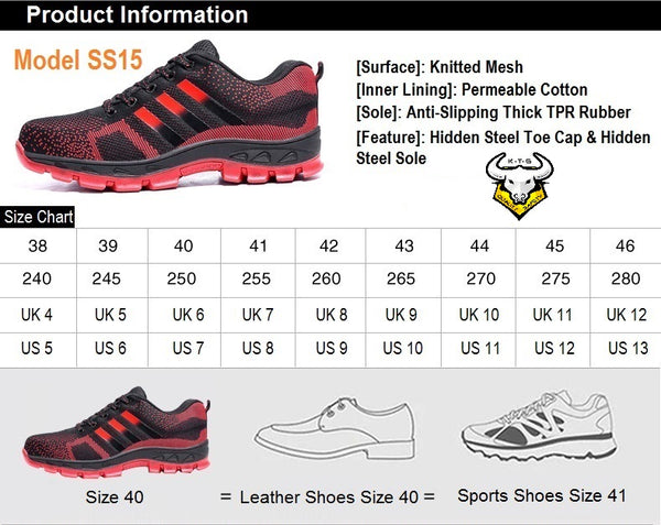 Size chart and recommendations for KTG (KaiTheGent) steel toe sports safety work shoes. Model SS15 - option 6. US, UK, EU size and feet length. K.T.G