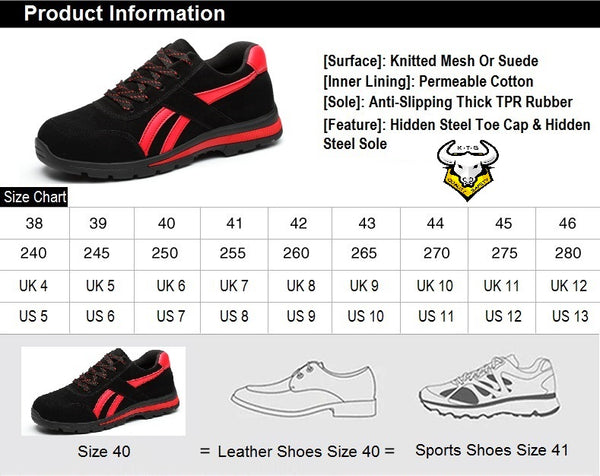 Size chart and recommendations for KTG (KaiTheGent) steel toe sports safety work shoes. Model SS14 - Option 2. Singapore, US, UK, EU size and feet length available.