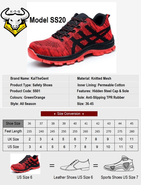 Size chart and recommendations for KTG steel toe sports safety work shoes model SS20 Singapore, EU, JP, US, UK sizes