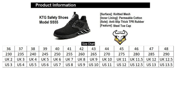 SS55 Black KTG Safety Shoes Size Chart - Steel Toe Anti Piercing Sole. Suitable for United States, Singapore, Indonesia, Malaysia, Hong Kong feet sizes! Small and large feet too!