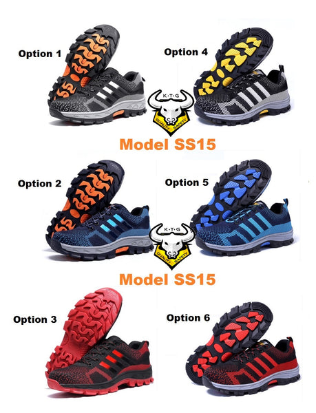 KTG (KaiTheGent) steel toe safety shoes. Various designs for steel toe sports safety work shoes model SS15. Black, Blue or Red with reflective stripes. K.T.G